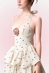 roberta Polka dots Applique Halter layer Midi Dress - apricot