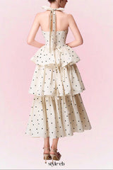 roberta Polka dots Applique Halter layer Midi Dress - apricot