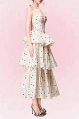 roberta Polka dots Applique Halter layer Midi Dress - apricot