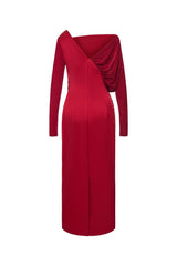 Mirabel A-line Back Slit Taffeta Midi Dress in red
