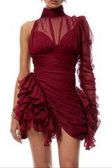 joanne Asymmetrical Ruffled Tulle Mini dress in Burgundy