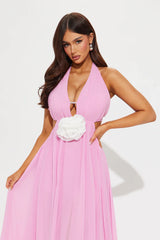 v-neck cutout halter Chiffon Maxi Dress in Pink