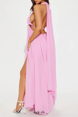 v-neck cutout halter Chiffon Maxi Dress in Pink