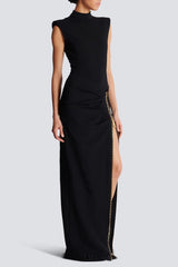 black Sleeveless Zipper high Slit Elastic jersey maxi Dress