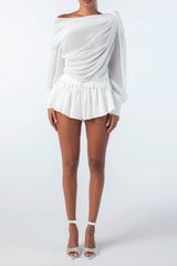 Ruched Chiffon Ruffle Two Piece Set - White