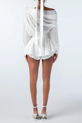 Ruched Chiffon Ruffle Two Piece Set - White