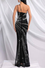 Black Rhinestone-Embellished Women's Formal Evening Gown