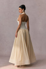 tiffany halterneck tulle overlay maxi dress in apricot