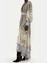 LONG SLEEVE DEEP V-NECK LEOPARD PATTERN WRAPPED WAIST MAXI DRESS