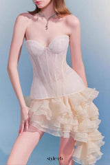 Irregular Petal Lace Bodycon Mini Skirt Set In Beige