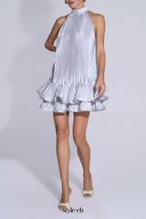 tina Double-layer ruffled halter neck mini dress in white