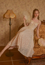 aurora lace floral embroidery midi dress in nude