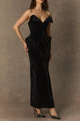 amity Black Deep V-neck strapless Velvet Maxi Dress
