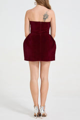 evangeline Strapless Heart Velvet Mini Dress in burgundy