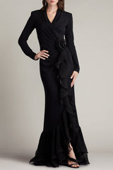 joyce black Ruffled Gathered high slit Knit Midi Dress