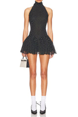 Polka Silk Chiffon sleeveless halter mini Dress in black