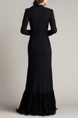 joyce black Ruffled Gathered high slit Knit Midi Dress