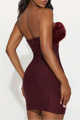 irene Fur Trim Bandage Mini Dress in Burgundy