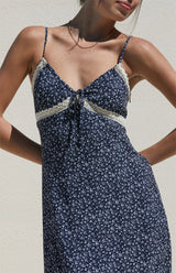 v-neckline Floral Lace Trim Midi Dress in Navy