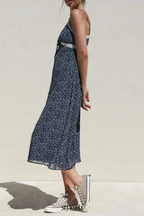 v-neckline Floral Lace Trim Midi Dress in Navy