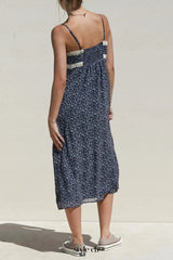 v-neckline Floral Lace Trim Midi Dress in Navy