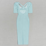 LIGHT GREEN PUFF SLEEVE SPLIT BACK BODYCON MIDI DRESS