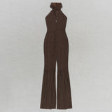 HALTER NECK BACKLESS FLARE LEG JUMPSUIT IN BROWN