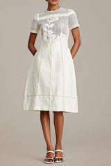 hermosa 3d floral embroidered hollow midi dress in apricot