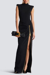 black Sleeveless Zipper high Slit Elastic jersey maxi Dress