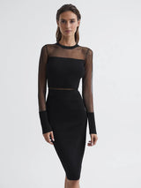 lyla knitted sheer sleeve midi dress in black