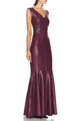 ophelia v-neck sleeveless leather maxi dress in burgundy
