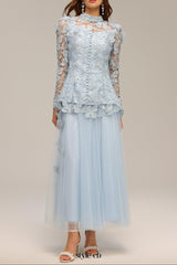 yvette blue Long Sleeve Folds Lace Butterfly Top And Skirt Two-Piece Set