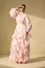 pandora Puff Sleeve Ruffle Trim Maxi Dress in pink