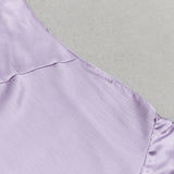 LILAC RUFFLE TRIM ASYMMETRICAL HEM SATIN MIDI DRESS