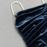 NAVY BEADLESS STRAPLESS VELVET BACKLESS PLEATED MIDI DRESS