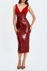 virginia Crimson Sequin Plunging Midi Dress in red