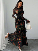 pandora Black Floral Mesh Ruffle Maxi Dress