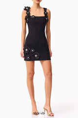 3D Flower Diamond embellished mini dress in black