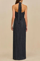 bonnie halter pleated cutout maxi dress in navy blue