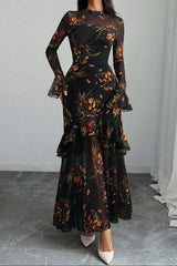 pandora Black Floral Mesh Ruffle Maxi Dress