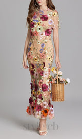 FLORAL EMBROIDERY MESH FISHTAIL MIDI DRESS IN BROWN