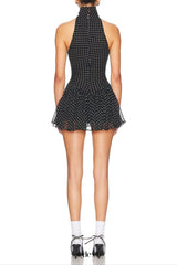 Polka Silk Chiffon sleeveless halter mini Dress in black