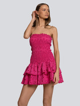 eyelet layered strapless mini dress in fuchsia