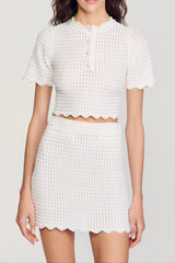 angela ruffle trim Pearl beaded knit sweater