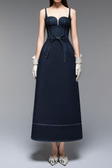 A-line Sleeveless Denim Midi Dress in blue