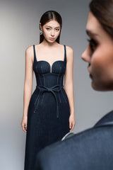 A-line Sleeveless Denim Midi Dress in blue