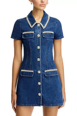Denim Rhinestone Trim Dress in blue