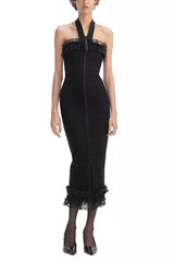 Knit Zip Ruffle Midi Dress in black