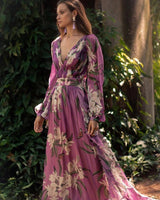 phoenix v-neck floral print puff sleeve maxi dress in purple