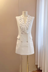 white V-Neck Sleeveless Diamond Midi Suit Top